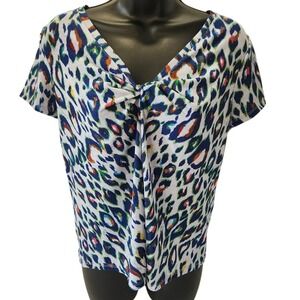 Nine West Animal Print Twist-Front Top‎ Short Sleeve Blouse White Blue S